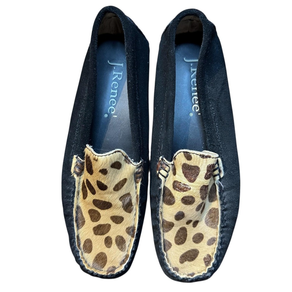 J Renee Shoes Womens Size 7.5 Black Avalon Leopard Calf Hair Driving Loafers